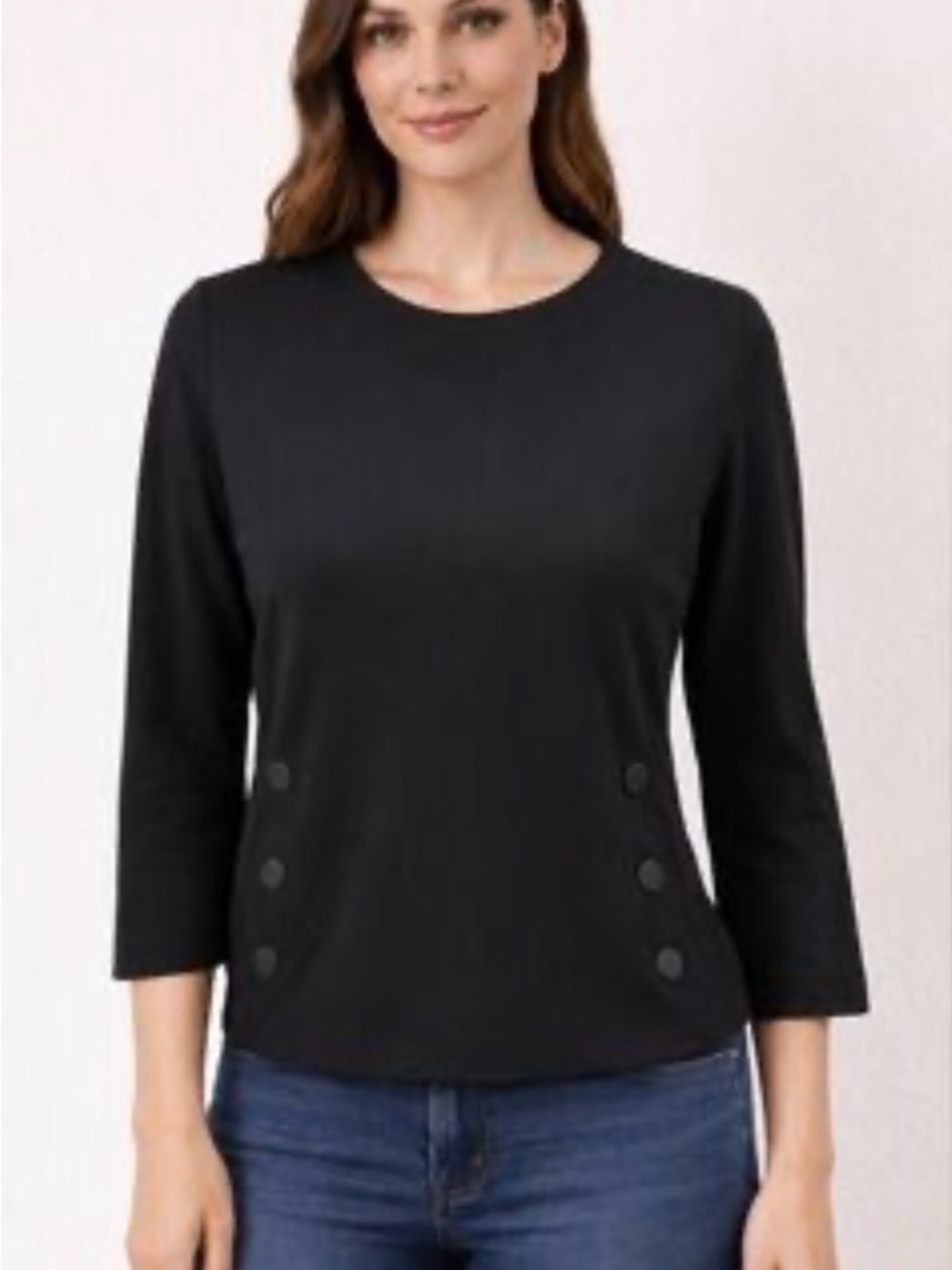 CAbi Black Osaka nights Crewneck Button-Accent Three-Quarter Sleeve Top